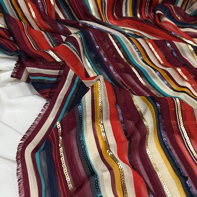 Ethnic Fashion Designer - Colorful Striped Embroidered Sequin Fabric Ethnic
