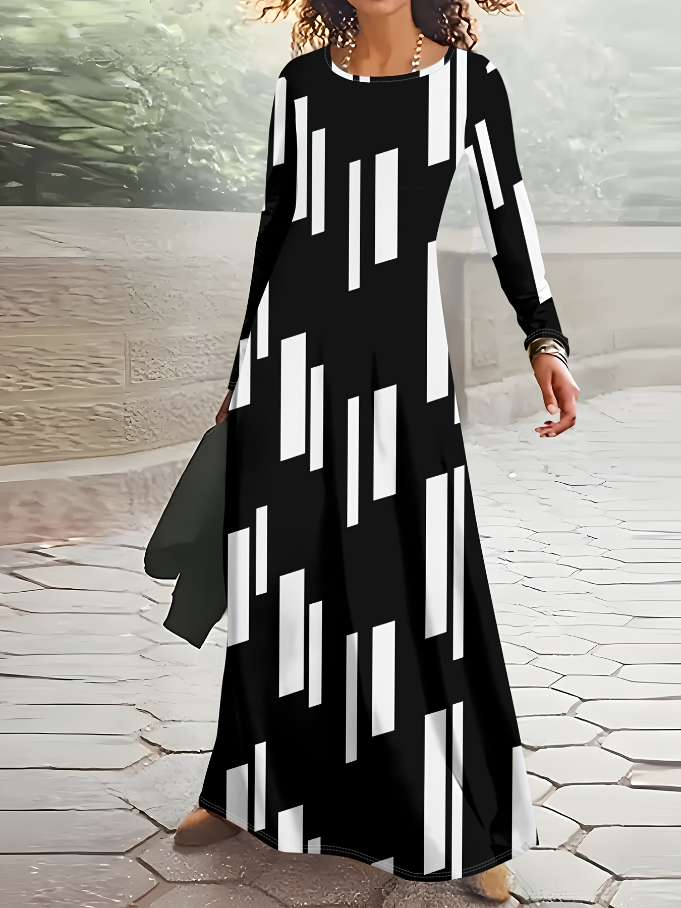Ethnic Modern Fashion - Women Long Sleeve Round Neck Dress