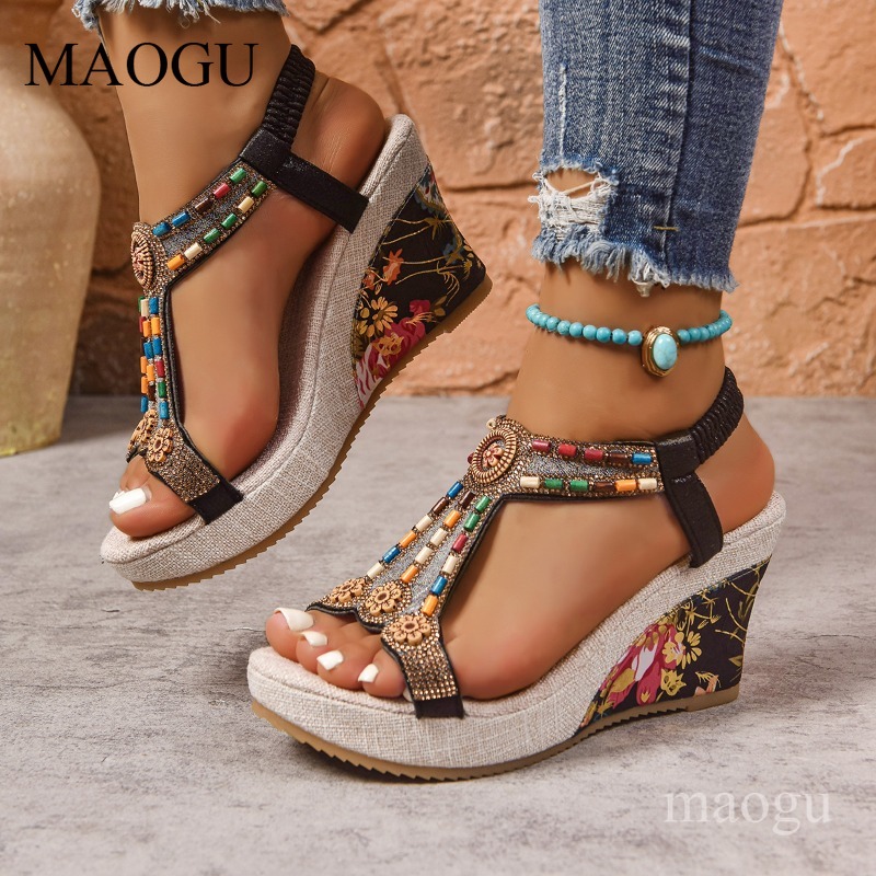 Ethnic Modern Fashion - Boho Beaded Floral Wedge Sandals for