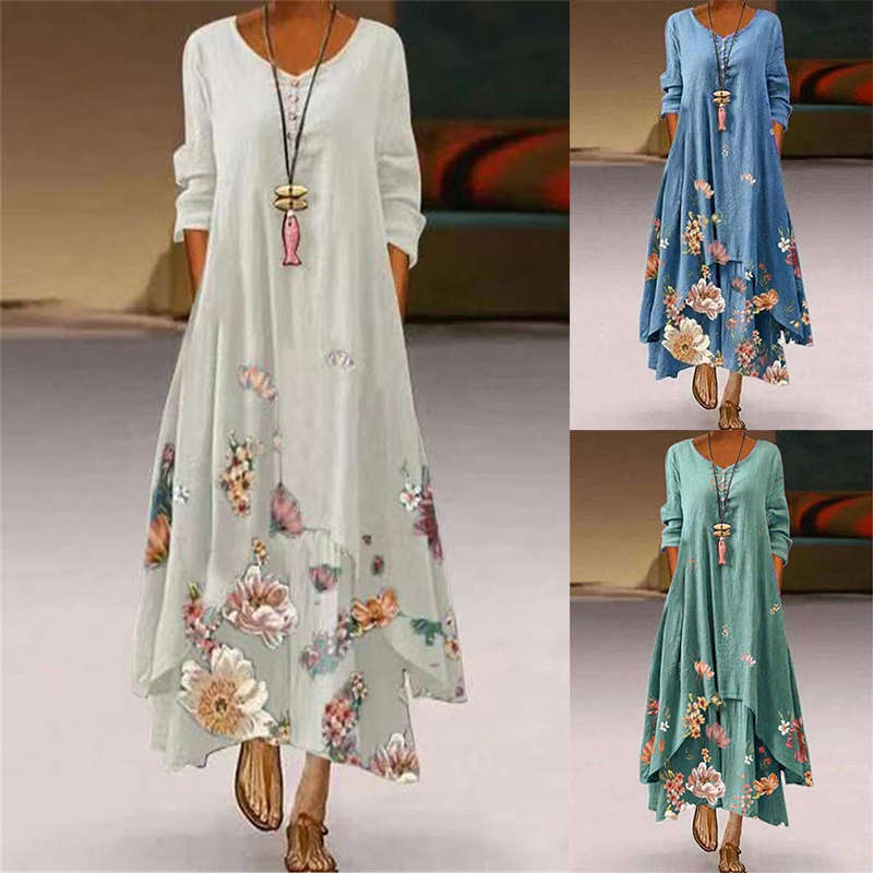Ethnic Modern Fashion - Summer Floral Print Long Sleeve Dresses
