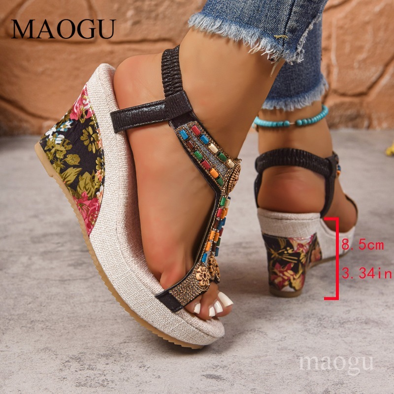 Boho Beaded Floral Wedge Sanda - Ethnic Modern Fashion 评论和价格